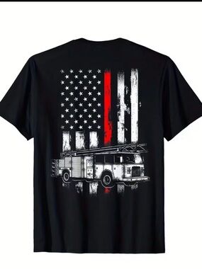 Men's Black Graphic Firefighter Flag Tee with Red Accent